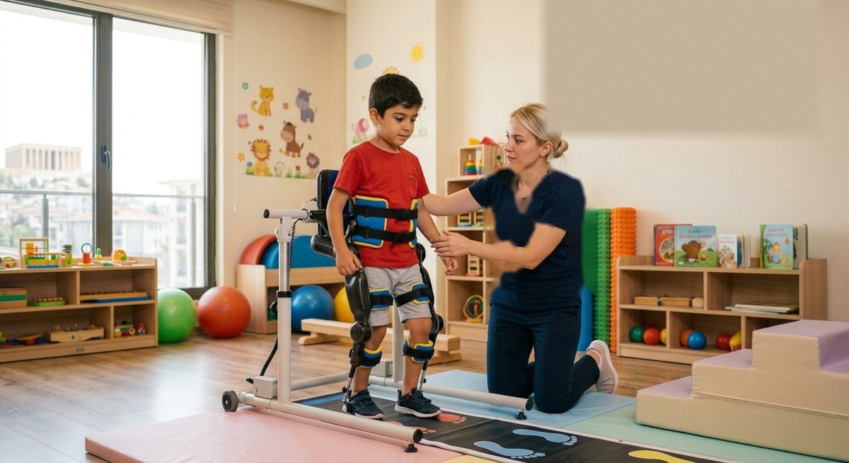 Nörolojik rehabilitasyonda yürüme egzersizi seansından görüntü
